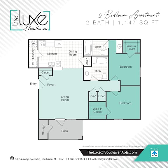 A floor plan for a 2 bedroom apartment with 2 bathrooms and 1,147 square feet.